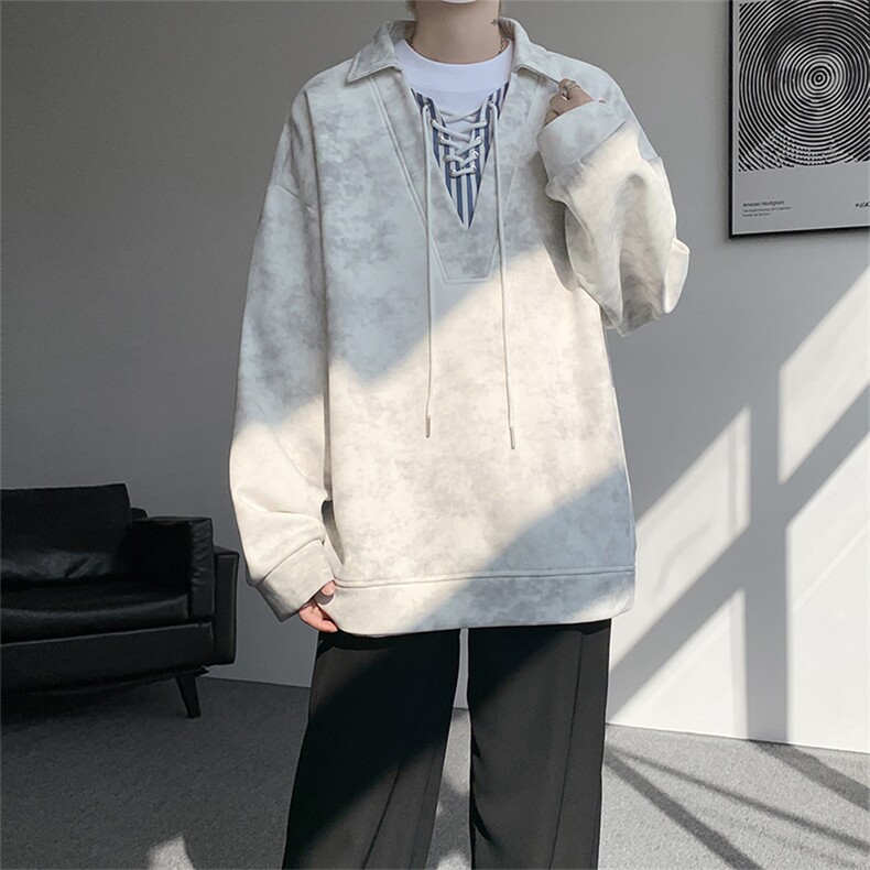 WY10151-特P48控88小众扎染撞色拼接条纹假两件大码男宽松卫衣,男装卫衣,电商A059