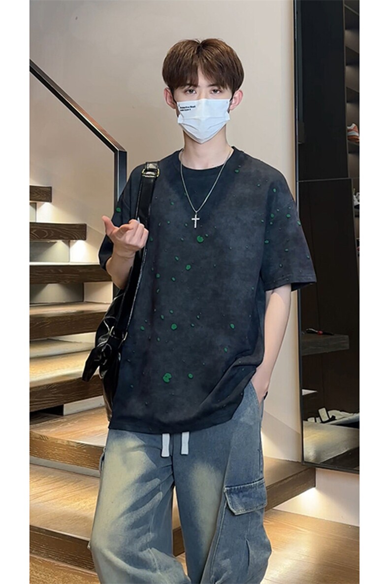 美式重磅复古破洞假两件短袖T恤大码休闲男女体恤衫T3653-特价P33,男装T恤,电商A007