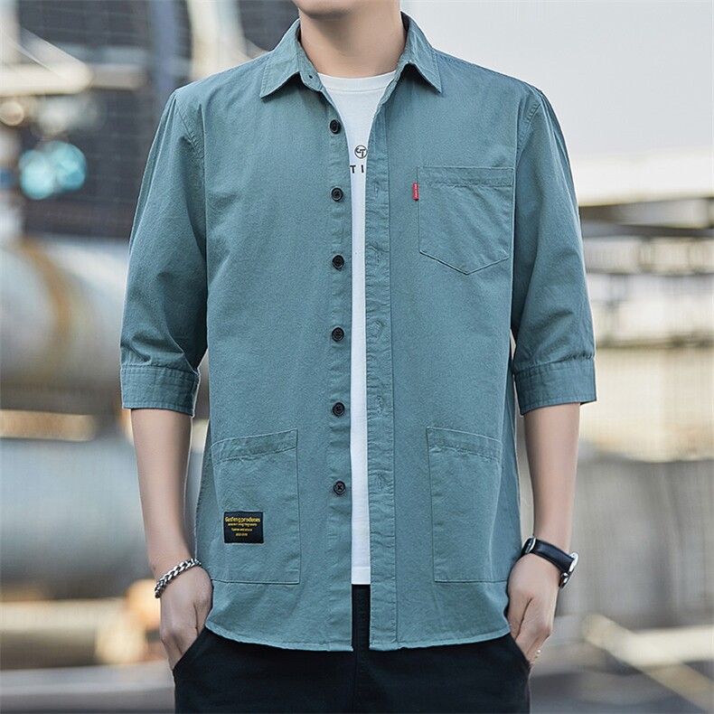 夏季薄款七分袖衬衫港风男士宽松衬衣中袖工装外套Q25--P35，男装衬衫，星座102C-1(原星座100)