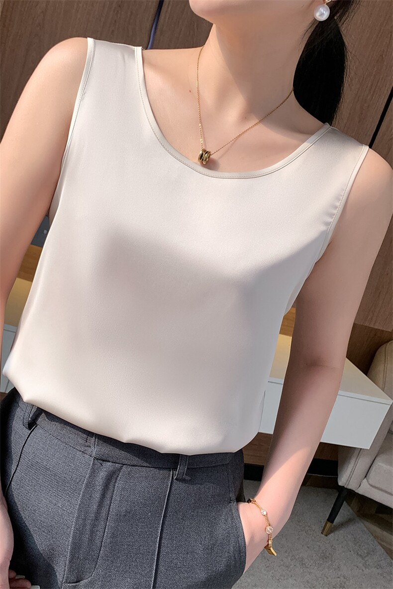 真丝小吊带背心女夏季圆领配西装内搭宽松打底桑蚕丝上衣丝质缎面,女装背心吊带,朝贺羊绒