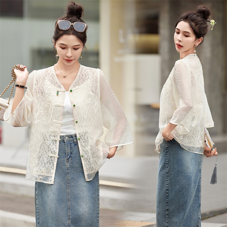 韩版汉服2024年春夏新款新中式蕾丝轻薄上衣衬衣宽松防晒高级感潮，女装防晒衣，难舍钰依