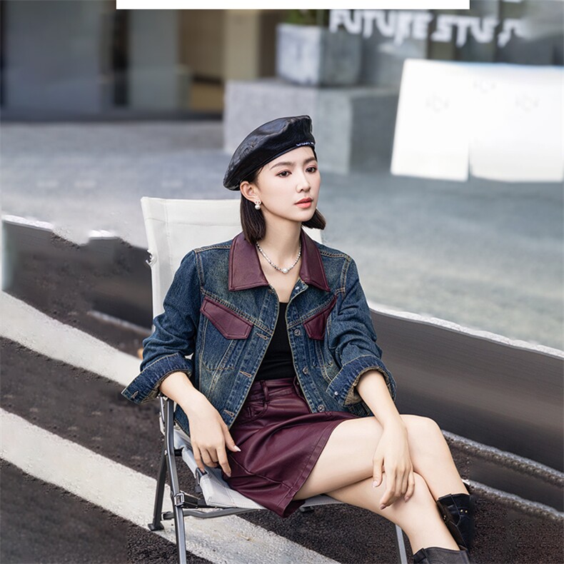 现货秋季新款韩版百搭港风复古牛仔外套女PU皮拼接夹克显瘦上衣，女装牛仔外套，跑量工厂店