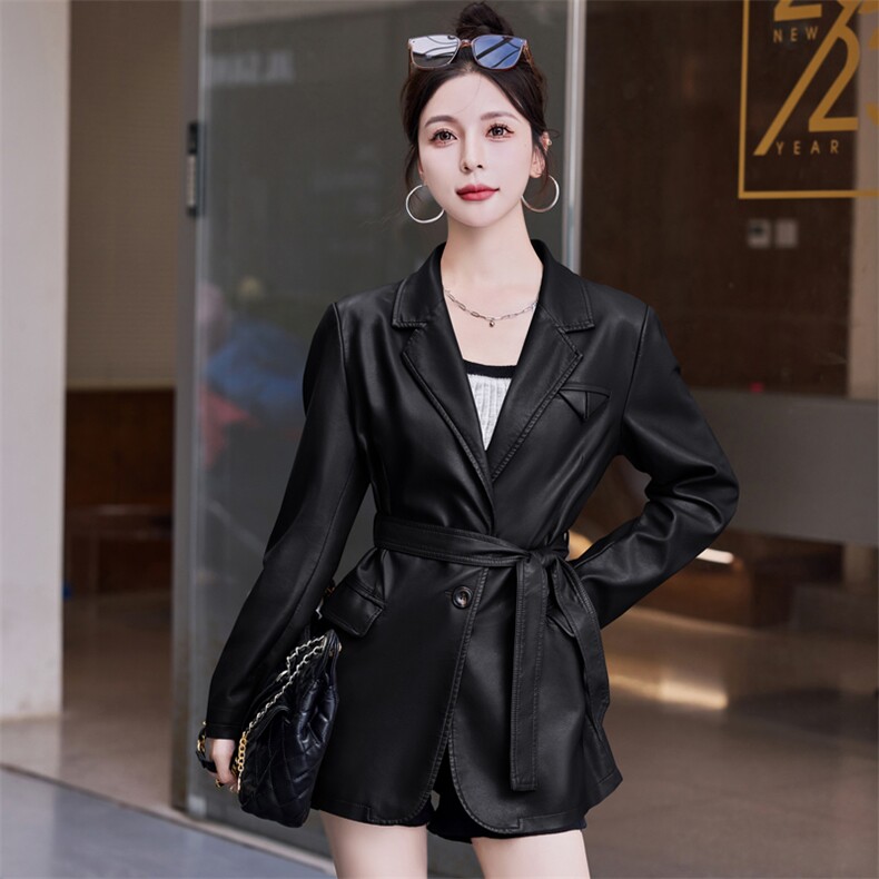 港风皮衣小西装外套女2025装春秋女新款美式黑色复古宽松上衣外套,女装西装,意芙