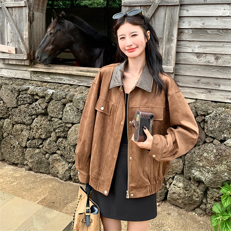美拉德棕色麂皮绒短外套女2025秋季美式复古炸街pu皮翻领宽松夹克,女装短外套,2C025