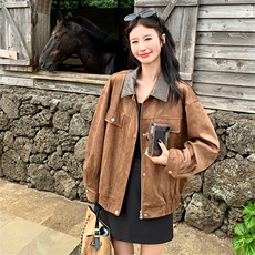 美拉德棕色麂皮绒短外套女2025秋季美式复古炸街pu皮翻领宽松夹克，女装短外套，2C025