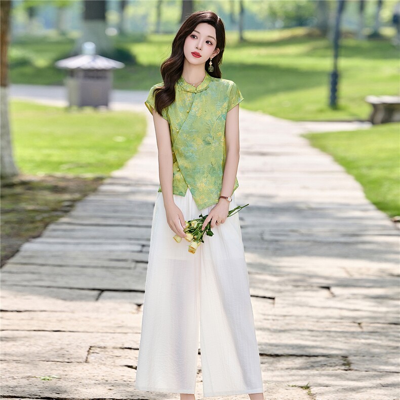 新中式套装女2026夏新款洋气不规则盘扣上衣+阔腿裤两件套,女装套装/套裙,姿衣坊