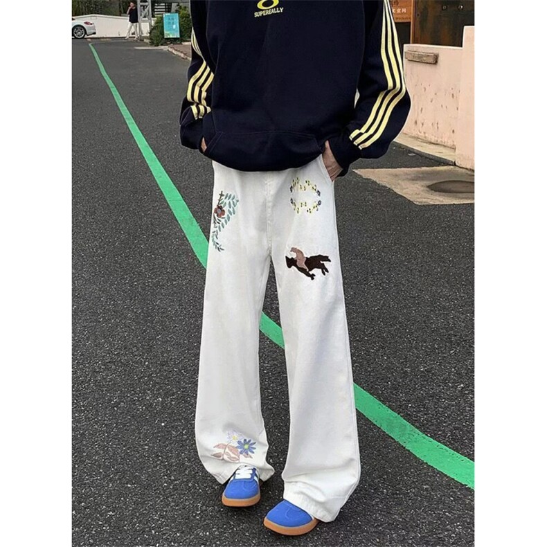 风刺绣牛仔裤男女春季高街阔腿长裤宽松百搭微喇裤子N9802,男装休闲裤,星座1116A（原606A-3）