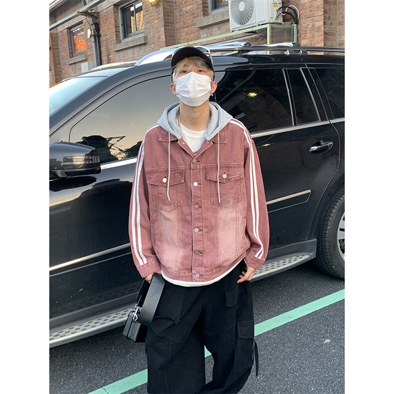 秋季港风情侣条纹连帽夹克外套男帽子可拆卸JK3903-P88图片