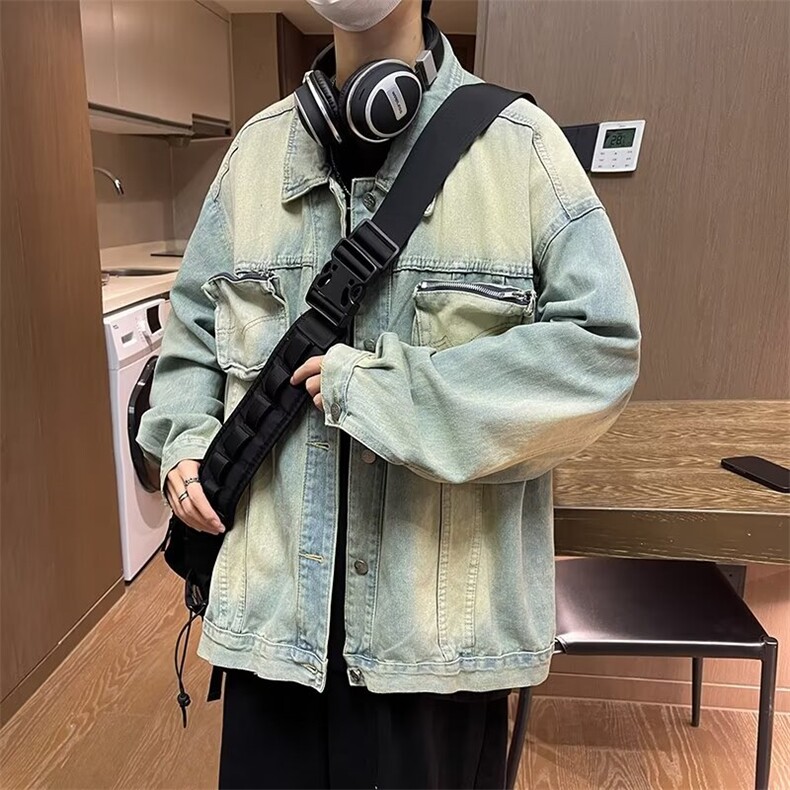 复古立体拉链口袋做旧牛仔外套男潮牌拼接设计感宽松夹克W160,男装夹克,星座1116A-1（原606A）