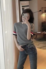 夏季圆领纯棉针织TB短袖女拼色三杠条纹T恤宽松显瘦套头半袖薄，女装针织衫/毛衣，恩泰羊绒