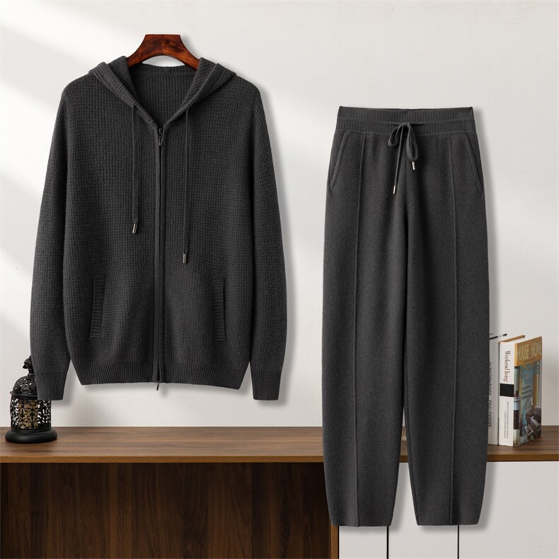 新款百搭七针双股加厚长裤长袖套装，男装休闲套装，台绒羊绒