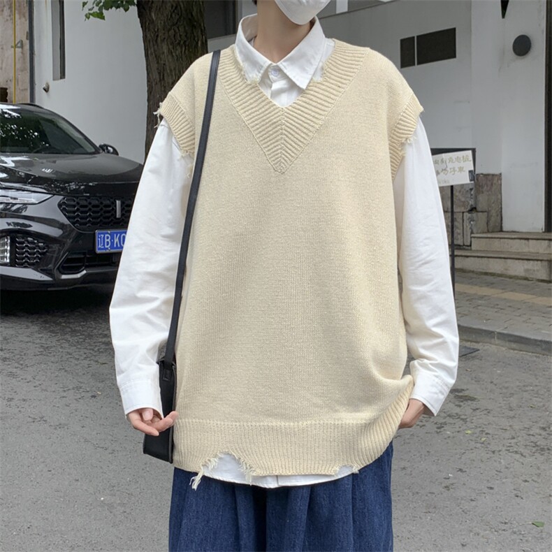 港风V领毛衣外套男宽松慵懒秋冬针织马甲潮牌春秋款背心 M176-P32图片