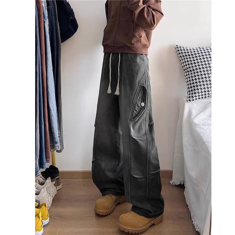 美式复古做旧解构阔腿牛仔裤男秋季高街设计感褶皱cleanfit直筒裤,男装牛仔裤,星座506A