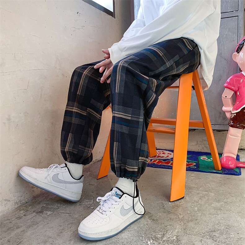 K3101-P45秋季港风格子潮流宽松百搭男女情侣休闲运动长裤控58，女装休闲裤，电商A009A（原A058A）
