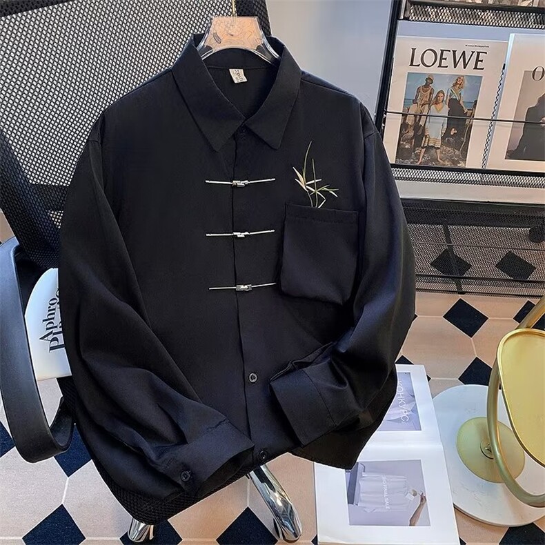 春秋痞帅高级感男装新中式立体口袋衬衫外套男翠竹刺绣金属扣衬衣，男装衬衫，星座601-1