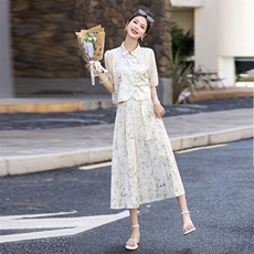 新款2024年夏季时尚新中式提花盘扣半身裙两件套，女装套装/套裙，蓝诺裳