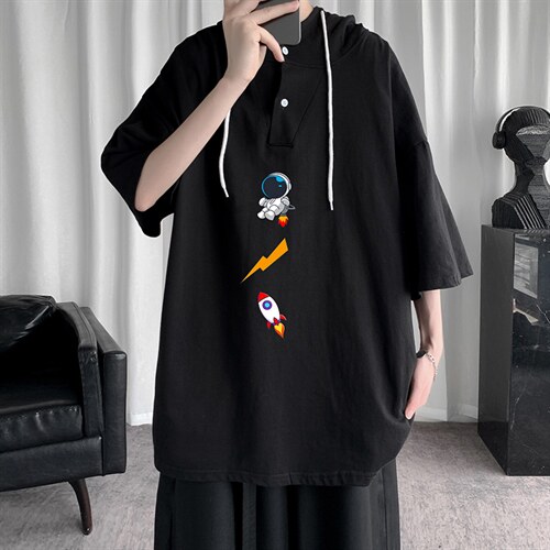 LD54165-P45连帽短袖t恤男大码胖子带帽五分袖中袖，男装T恤，电商A040