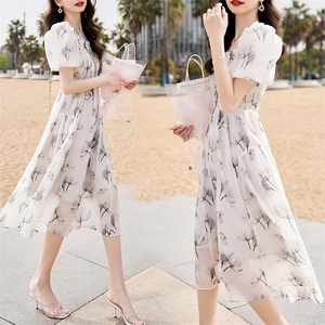 新增色2024夏季新款女装宽松遮肚子显瘦小个子时尚印花减龄连衣裙图片