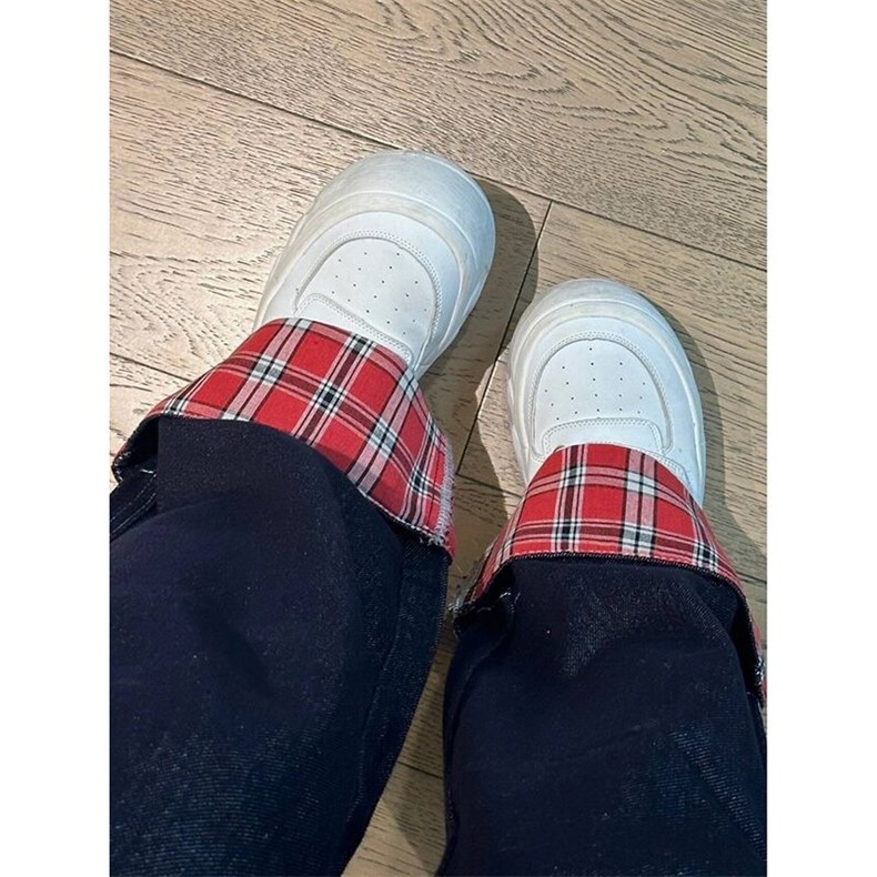 美式原创复古格子拼接牛仔裤卷边男女宽松阔腿直筒设计长裤裤子,男装牛仔裤,星座1210-1