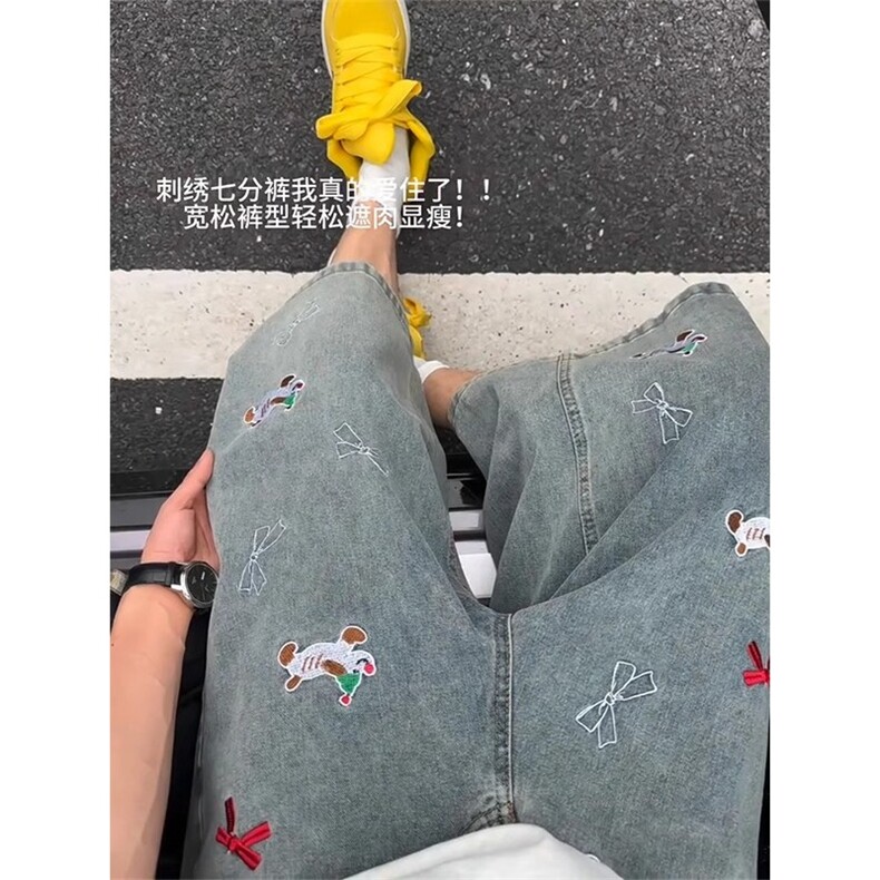 小狗刺绣七分牛仔短裤男款夏季潮美式裤子直筒A1632-P45图片