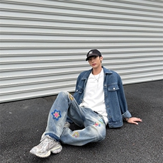 春秋新款花瓣刺绣牛仔裤设计感复古宽松百搭直筒裤，男装牛仔裤，星座410-7