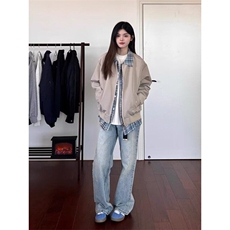 小众格纹翻领假两件夹克男女同款美式复古街头宽松休闲情侣外套潮，男装夹克，星座506A