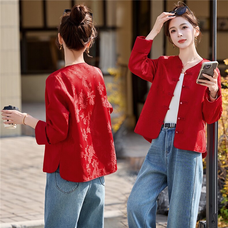 现货中古风提花人丝缎面guo风中式短款外套2026年春秋季女，女装短外套，木橙西子