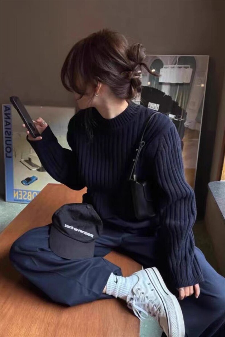 时尚百搭法式坑条短款圆领羊毛衫显瘦修身针织毛衣女秋冬新款,女装羊毛衫,泰沅羊绒