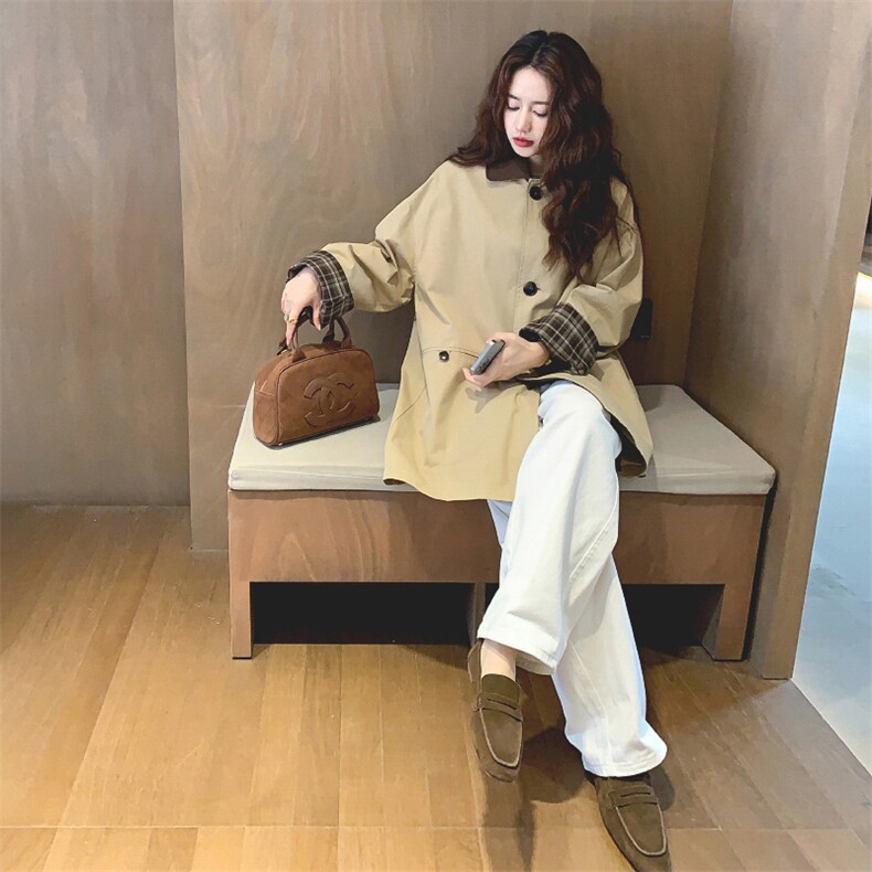 秋新款宽松咖色格纹拼接短款风衣外套,女装风衣,浙宝233