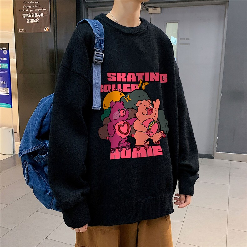 1港风日系宽松休闲情侣套头圆领印花加厚毛衣男7753P55加绒P70图片
