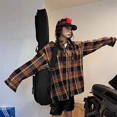 复古格子长袖衬衫外套女春季韩版小个子中长款宽松衬衣别致上衣，男装衬衫，星座506A