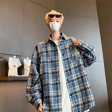 港风秋款男衬衫条纹格子蝴蝶字母刺绣宽松长袖衬衣CS25P50，男装衬衫，星座1013-1