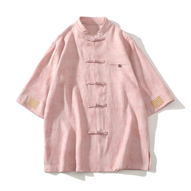 风铜扣盘扣刺绣中式立领衬衫透气开衫短袖潮A087-1-YM663P85，男装T恤，电商A087-1