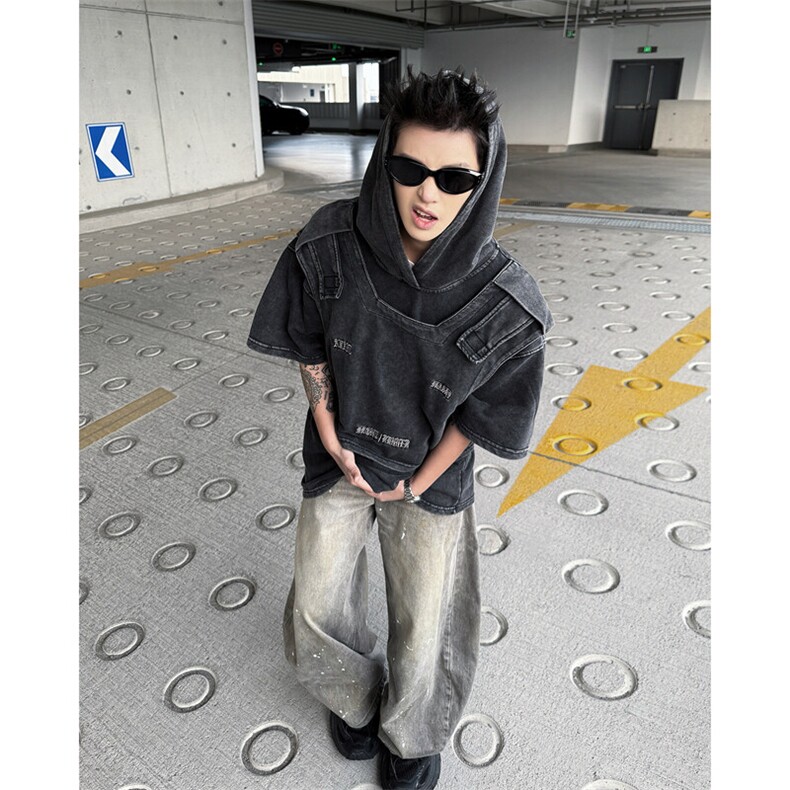 现货！25春季连帽男士设计感刺绣水洗假两件短袖dx188-p78,男装T恤,电商B288