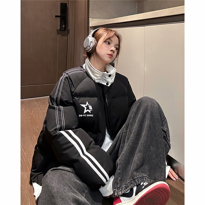 EQ350撞色织带印花面包服男女情侣装加厚棉衣外套2024新款,男装棉衣,电商C306-1
