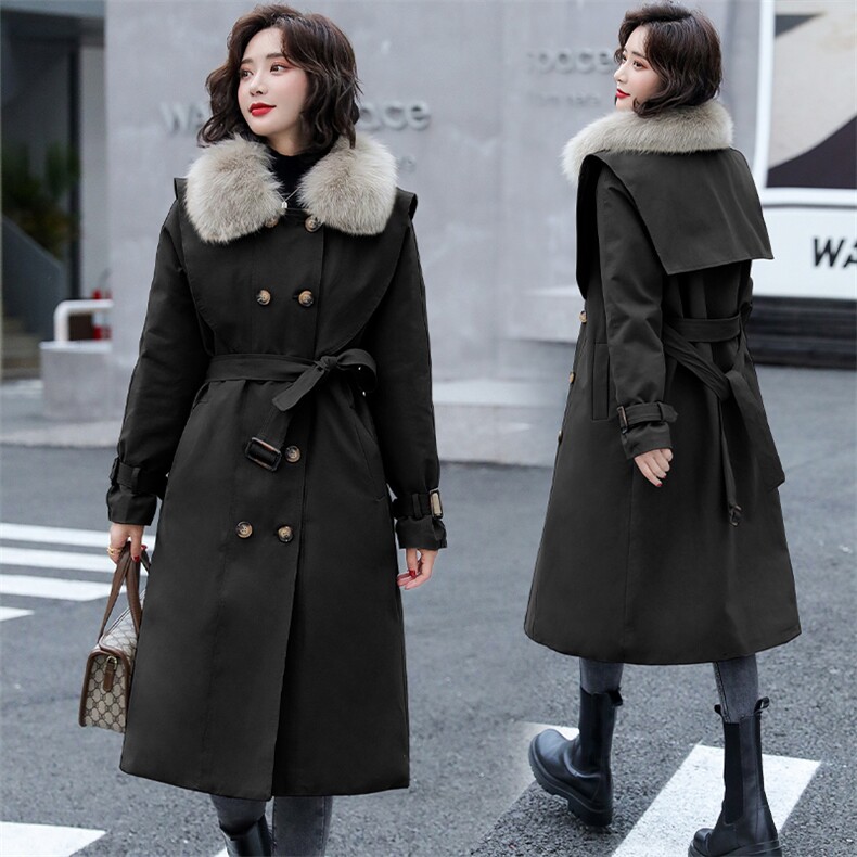 2025冬季新款简约时尚系带收腰气质真大毛领新派克服棉服，女装棉衣/棉服，卡杰菲