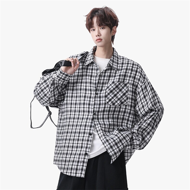 衬衫男春季新款港风宽松大码磨毛格子长袖衬衣CS510-P38，男装衬衫，星座214-3