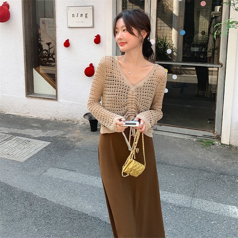 时尚百搭套装女2025年春秋新款吊带连衣裙镂空外套两件套,女装套装/套裙,采品优优