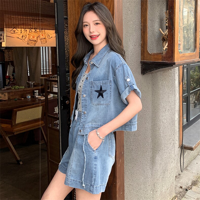 夏季新款时尚气质休闲简约个性百搭舒适牛仔两件套,女装套装/套裙,纯色衣恋