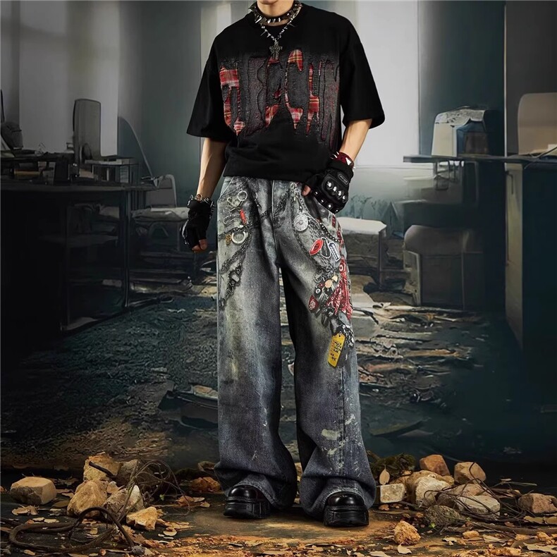 美式覆古炼条印花泼墨牛仔裤男款夏季高级感痞帅宽松休闲直筒裤子,男装牛仔裤,星座506A