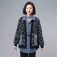 2021年冬季通勤宽松加绒长袖文艺拼接牛仔颗粒绒外套，女装卫衣/绒衫，叶笙衣