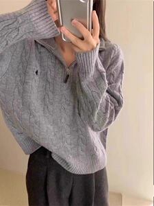美式复古翻领半拉链麻花毛衣2025秋冬女款软糯慵懒风高领针织上衣图片