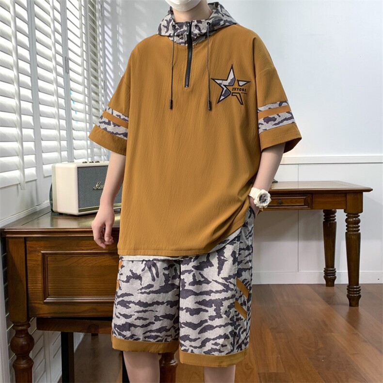 休闲套装夏季薄款连帽宽松半拉链t恤迷彩短裤五分裤A436-T17-P70，男装牛仔裤，电商A436