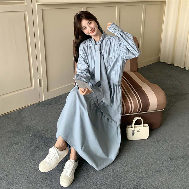 春现盐系浅蓝色条纹休闲风连衣裙B190-5010-P135-K198,女装连衣裙,2B190