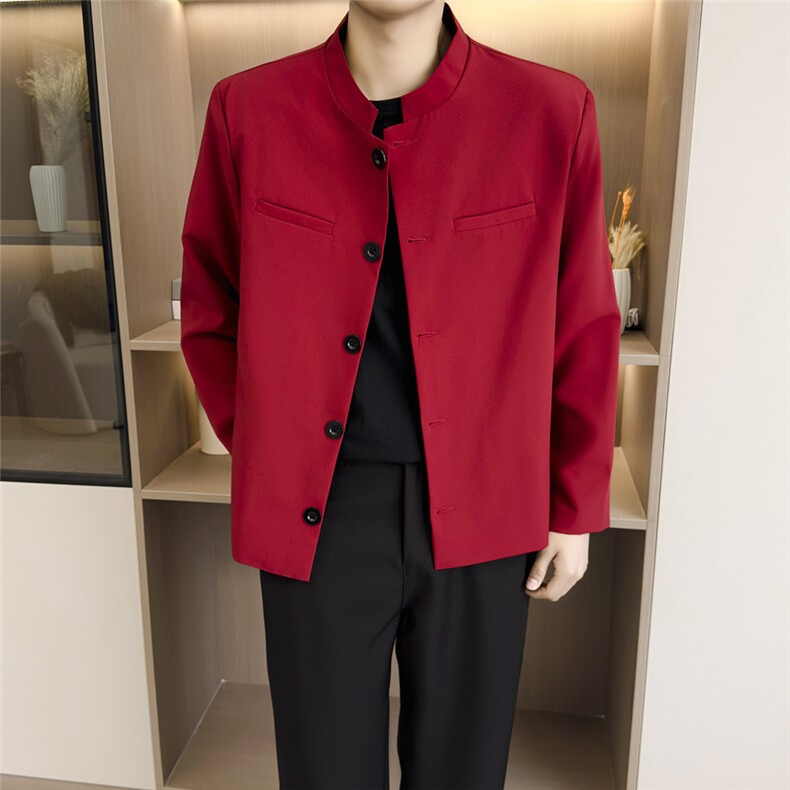 风春男立领西装单排扣外套本命红新中式中山装西服JAK35P60,男装西服套装,星座1013-1
