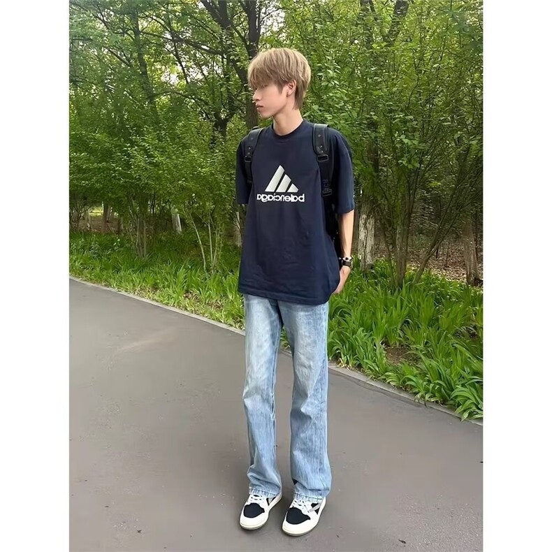 cleanfit浅蓝色牛仔裤男款直筒ootd穿搭微喇裤子高个子加长弯刀裤,男装牛仔裤,星座218-1（原230）