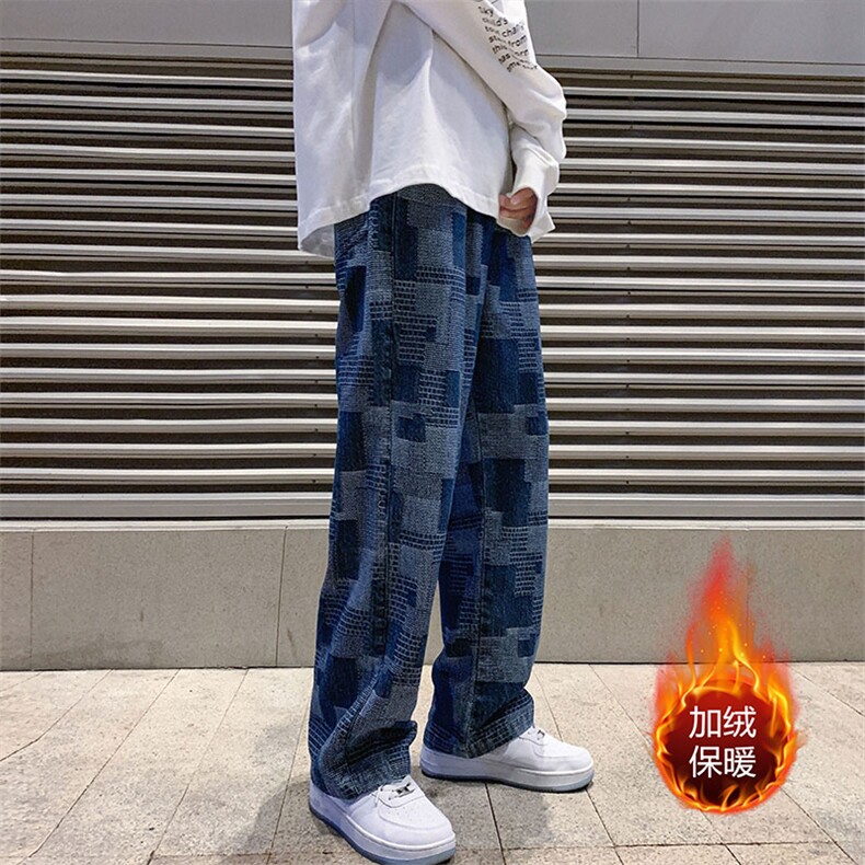 2023加绒加厚现货高街少年大码宽松直筒拖地裤K6960J-P65,男装牛仔裤,电商A042