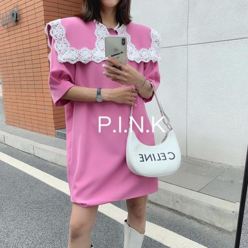 现货夏季新款棉麻彩织短袖西服当季连衣裙,女装连衣裙,PINK