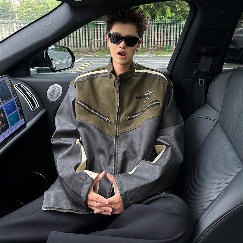 2025美式复古机车PU皮麂皮绒立领夹克拼色情侣外套 A025-Y119-P75图片