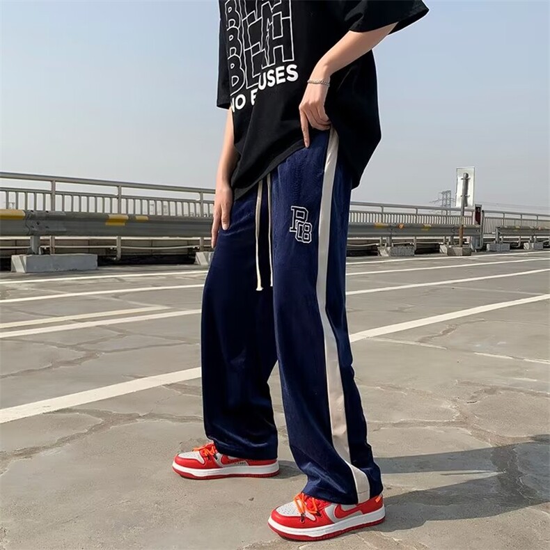 卫裤男直筒垂感百搭ins潮牌宽松条纹拼接高街运动裤男GK39-P28,男装休闲裤,星座1109-3